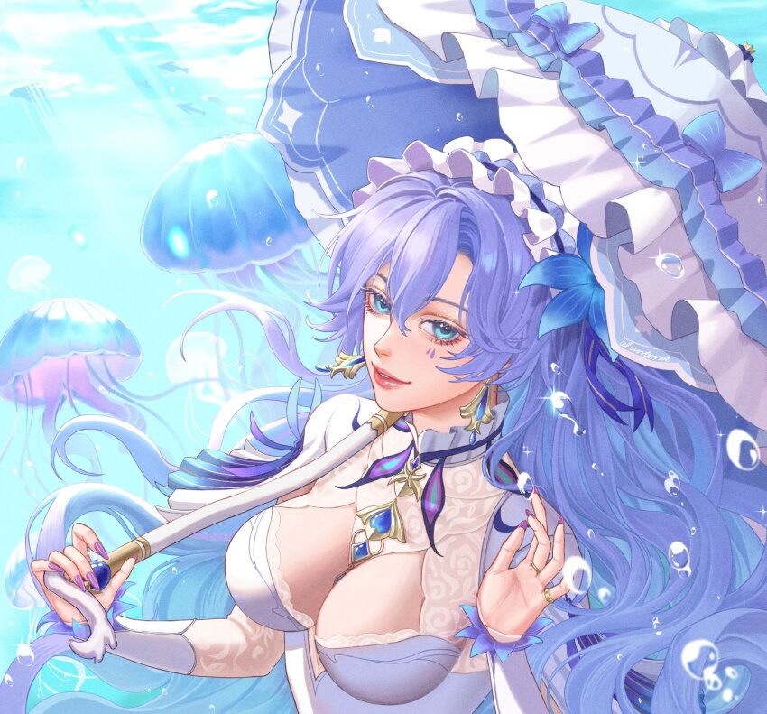 1girl air_bubble alientomoe blue_eyes breasts bubble cantarella_(wuthering_waves) cleavage cleavage_cutout clothing_cutout dress earrings fish frilled_umbrella frills highres holding holding_umbrella jellyfish jewelry large_breasts long_hair mark_under_eye purple_hair purple_nails purple_umbrella red_lips solo umbrella underwear upper_body very_long_hair white_dress wuthering_waves