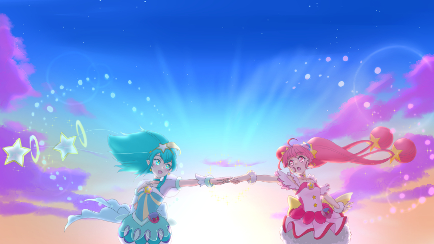 2girls absurdres aqua_bow aqua_choker aqua_dress aqua_eyes aqua_hair back_bow backlighting bow bracelet choker cloud cloudy_sky commentary cure_milky cure_star day dress earrings egillust2 fur_cuffs gradient_sky hagoromo_lala hair_ornament hat_ornament highres hoshina_hikaru jewelry long_hair magical_girl medium_hair multiple_girls open_mouth outdoors pink_choker pink_dress pink_eyes pink_hair pointy_ears pouch precure puffy_short_sleeves puffy_sleeves reaching reaching_towards_another see-through_clothes see-through_sleeves short_dress short_sleeves sky smile sparkle star_(symbol) star_choker star_hair_ornament star_hat_ornament star_twinkle_precure sunset twintails wind yellow_bow