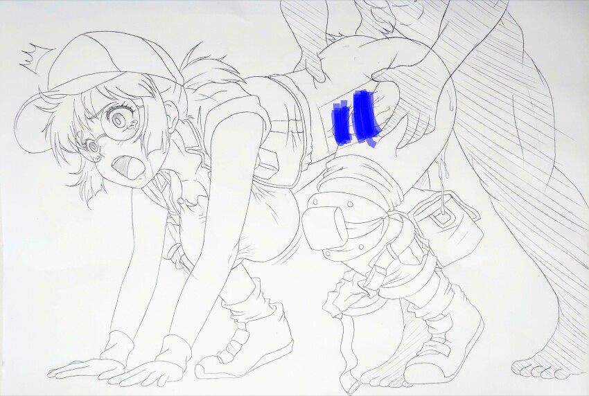 1boy 1girl :o abs absurdres all_fours baseball_cap boots breasts censored cleavage clothed_female_nude_male commentary_request crop_top cropped_vest crying crying_with_eyes_open cum cumdrip doggystyle fanny_pack fio_germi glasses hasamimushi hat hetero highres knee_pads large_breasts looking_to_the_side metal_slug military monochrome no_panties nude ponytail rape round_eyewear scribble_censor sex sex_from_behind shorts shorts_around_one_leg sidelocks simple_background snk solo_focus tears traditional_media vest waist_grab white_background wristband x-ray