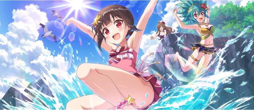 3girls :d ahoge animal_print anklet aqua_hair armpits arms_up bare_arms bare_legs bare_shoulders barefoot bead_anklet beads bikini bikini_skirt bird blue_sky blunt_bangs blush boulder breasts brown_eyes brown_hair casual_one-piece_swimsuit child cleavage cloud cloudy_sky collarbone day dive fang flower frilled_one-piece_swimsuit frills from_below front-tie_bikini_top front-tie_top game_cg green_bikini hair_between_eyes hair_flower hair_ornament hair_over_one_eye hair_tie hairclip highres jewelry komekko kono_subarashii_sekai_ni_shukufuku_wo! konosuba!_fantastic_days large_breasts long_hair looking_at_viewer looking_down mel_(konosuba) multicolored_bikini multiple_girls navel necklace official_alternate_costume official_art one-piece_swimsuit open_mouth outdoors pink_eyes pink_flower pink_one-piece_swimsuit purple_bikini raised_eyebrows red_eyes red_flower seagull shell shell_necklace shiny_skin short_hair short_twintails sidelocks sky smile spiked_hair splashing star_(symbol) star_hair_ornament stomach sun swimsuit thighlet thighs tiger_print tree twintails two-tone_bikini water wavy_hair wavy_mouth wiz_(konosuba) worried yellow_bikini
