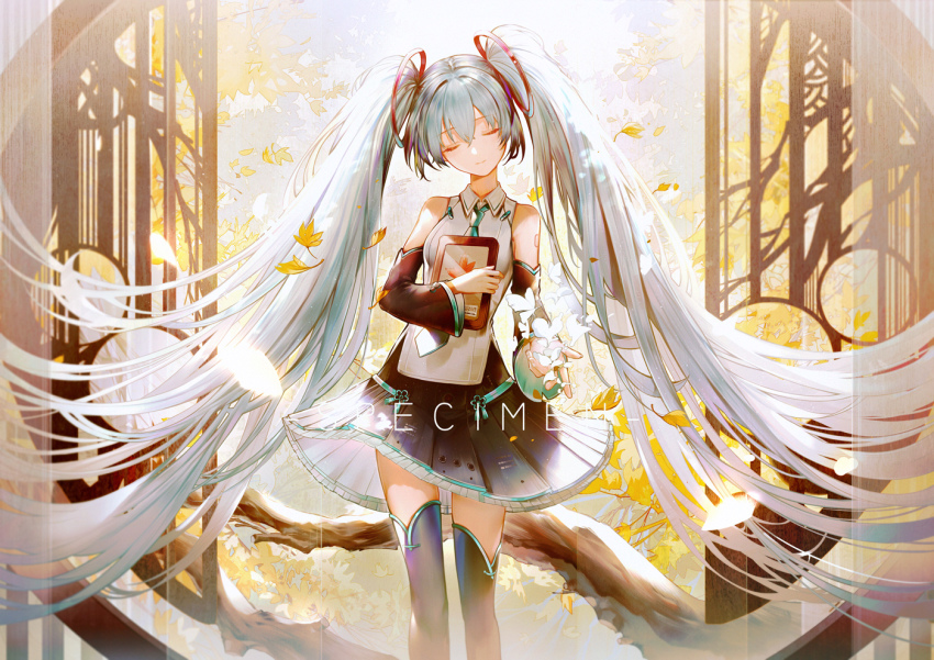 1girl absurdly_long_hair aqua_hair bai_qi-qsr bare_shoulders black_thighhighs bug butterfly closed_eyes closed_mouth commentary_request detached_sleeves falling_leaves hair_between_eyes hair_ornament hatsune_miku hatsune_miku_(vocaloid4)_(chinese) holding insect leaf long_hair long_sleeves necktie smile solo standing thighhighs twintails very_long_hair vocaloid