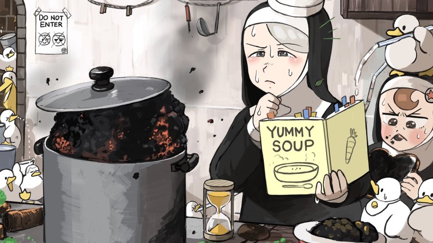 &gt;_&lt; 2girls :&lt; bib bird book broken bucket burnt_food carrot chef_hat chicken corn cup diva_(hyxpk) doorway drinking_straw duck eating froggy_nun_(diva) hand_on_own_chin hat highres holding holding_book hourglass kitchen leaf_nun_(diva) little_nuns_(diva) multiple_girls nervous_sweating nun pelican poster_(object) pot potato recipe_(object) slice_of_life spitting sweat teacup traditional_nun water