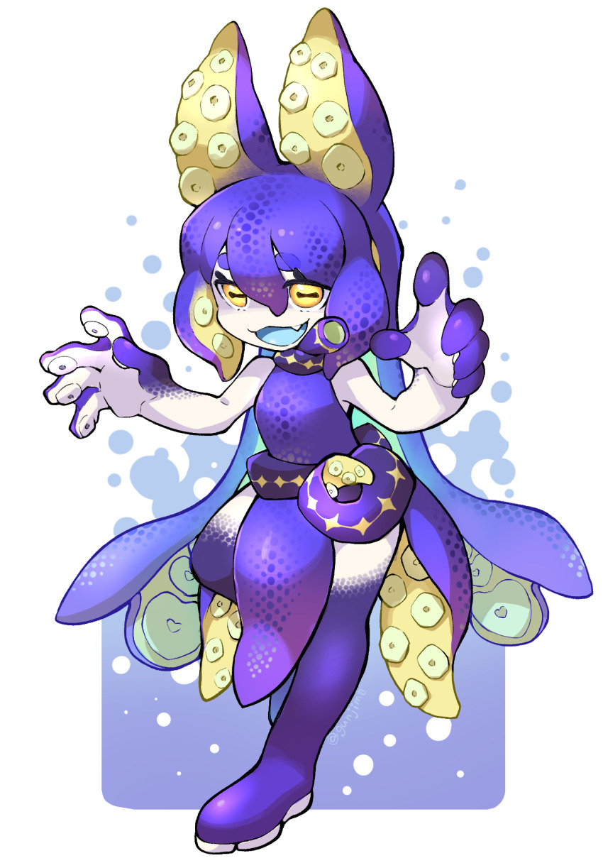 1girl cephalopod_eyes colored_skin commentary_request dress fang fangs full_body gunjima_souichirou highres monster_girl multicolored_skin no_nose open_mouth original purple_dress purple_skin sleeveless solo suction_cups tentacle_hair tentacles white_skin yellow_eyes