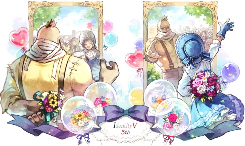 5girls 6+boys :d ^_^ andrew_kreiss anniversary aqua_ribbon arm_behind_back arm_up bag_over_head balloon bandaged_neck bandages bane_(identity_v) black_hair blonde_hair blue_flower blue_gloves blue_headwear blue_skirt bonnet bouquet bow bowtie brown_eyes brown_hair brown_pants closed_eyes cowboy_shot daisy day emma_woods emma_woods_(boudoir_dream) facing_another father_and_daughter flower framed freckles frilled_shirt frills gate gloves green_jacket grey_hair hair_between_eyes hair_over_one_eye happy hat heart_balloon highres holding holding_bouquet hood hood_up hooded_jacket identity_v jack_(identity_v) jacket joseph_desaulniers keigan_nicholas_keogh kii_wami leo_beck long_hair long_sleeves looking_at_another luca_balsa luchino_(identity_v) margaretha_zelle mary_(identity_v) mask michiko_(identity_v) mohawk multiple_boys multiple_girls multiple_views muscular muscular_male naib_subedar norton_campbell official_alternate_costume open_mouth outstretched_hand pants parted_bangs pink_flower pink_rose red_eyes red_flower red_rose reptile_boy ribbon robbie_(identity_v) rose scar scar_across_eye scar_on_face shirt short_hair skirt smile solid_eyes stitches sunflower suspenders top_hat tree upper_body waving white_background white_bow white_bowtie white_flower white_rose white_shirt wick_(identity_v) yellow_flower yellow_shirt