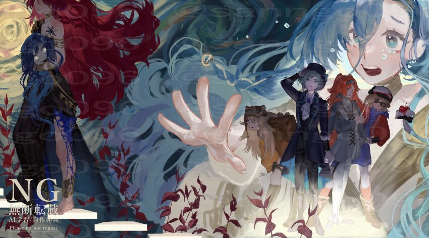 37_(reverse:1999) 6+girls :d absurdres adjusting_clothes adjusting_headwear animal_ear_headwear animal_ears anklet apple apple_(reverse:1999) arcana_(reverse:1999) ascot aviator_cap barefoot black_bow black_bowtie black_coat black_dress black_footwear black_hat black_pants blonde_hair blue_background blue_dress blue_eyes blue_hair boater_hat boots bow bowtie brown_hair brown_hat brown_jacket newsboy_cap checkered_hairband coat crying crying_with_eyes_open disembodied_head dress fake_animal_ears floating_hair floating_stairs food fruit glowing glowing_eyes goggles goggles_on_headwear grey_eyes grey_hair hair_between_eyes hair_bun hair_over_one_eye hairband hand_on_headwear hand_up hat highres holding_detached_head jacket jewelry knee_boots leaning_forward lilya_(reverse:1999) long_dress long_hair multiple_girls open_mouth orange_eyes orange_hair outstretched_arm outstretched_hand pants pants_under_dress pouch profile red_hair red_jacket red_socks regulus_(reverse:1999) reverse:1999 sanngo096 shirt short_dress single_bare_shoulder single_off_shoulder single_side_bun smile socks sonetto_(reverse:1999) sophia_(manus_vindictae)_(reverse:1999) sophia_(reverse:1999) standing sunglasses tears thigh_pouch traditional_bowtie two_side_up vertin_(reverse:1999) very_long_hair walking wand_in_head watermark white_ascot white_dress white_pants white_shirt yellow_eyes