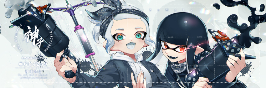 .52_gal_(splatoon) 2girls artist_name bandana bandana_around_neck black_bandana black_hair black_jacket black_tongue blue_bandana blue_eyes blue_hair blue_jacket blunt_bangs commentary commission commissioner_name drawstring fangs glowing glowing_eye gradient_hair grey_hair highres holding holding_weapon hood hood_down hoodie inkling inkling_girl inkling_player_character jacket jinkoika long_sleeves looking_at_viewer multicolored_hair multiple_girls nintendo octoling octoling_girl octoling_player_character open_clothes open_jacket open_mouth pointy_ears ponytail print_bandana red_eyes short_hair sidelocks skull_print smile splash_wall_(splatoon) splatoon_(series) splatoon_2 symbol-only_commentary tentacle_hair two-tone_hair upper_body weapon white_hoodie white_tongue