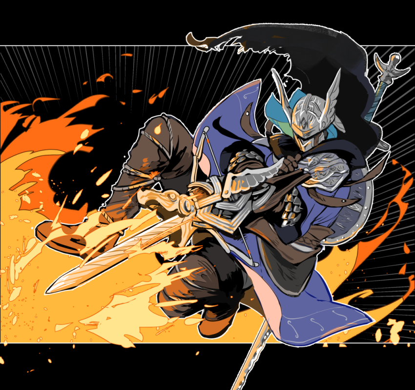 1boy arm_mounted_weapon armor black_border black_cape blue_surcoat boots border cape commentary dynamic_pose elden_ring elden_ring_nightreign explosion explosion_background full_body gloves hat_over_eyes helmet motion_lines rokko_nr315 scale_armor solo speed_lines sword sword_on_back weapon weapon_on_back winged_helmet wylder_(elden_ring)