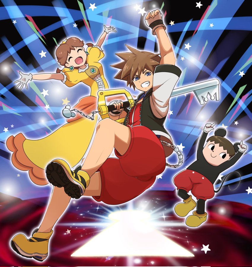 1girl 2boys animal_crossing animal_ears arms_up blue_eyes breasts brown_hair cosplay crossover crown disney dress earrings flower_earrings gloves grin hand_up happy highres jewelry key keyhole kingdom_hearts light mario_(series) mickey_mouse mickey_mouse_(cosplay) mickey_mouse_ears mouse_ears multiple_boys nintendo orange_dress princess_daisy puffy_short_sleeves puffy_sleeves saon101 short short_sleeves shorts smile sora_(kingdom_hearts) square_enix super_mario_land super_smash_bros. tomboy villager_(animal_crossing)