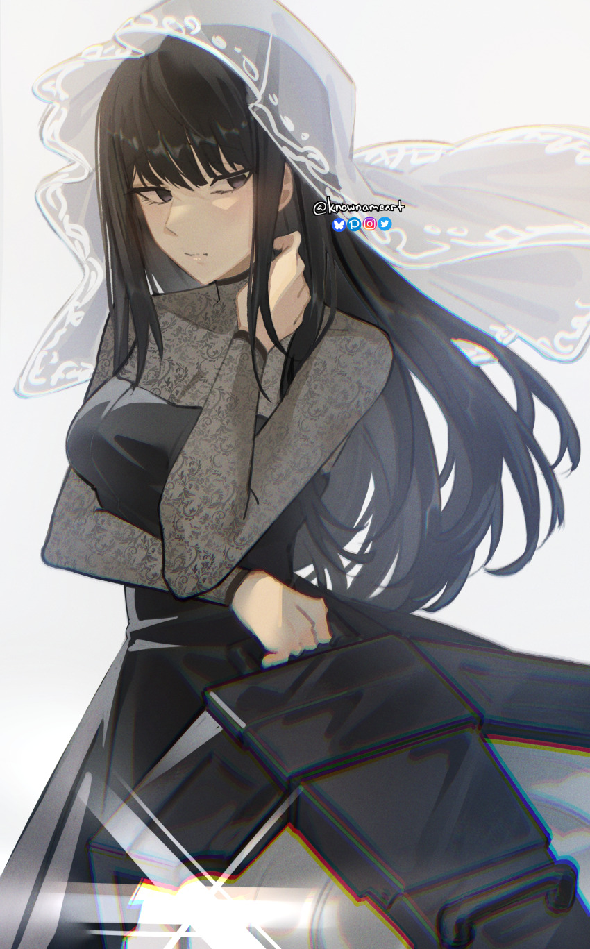 1girl absurdres black_dress black_eyes black_hair bluesky_logo dress glint grey_background highres holding holding_saw holding_weapon instagram_logo knowname lace_dress lace_sleeves long_hair osaragi_(sakamoto_days) sakamoto_days saw see-through_clothes see-through_veil solo twitter_logo twitter_username veil weapon