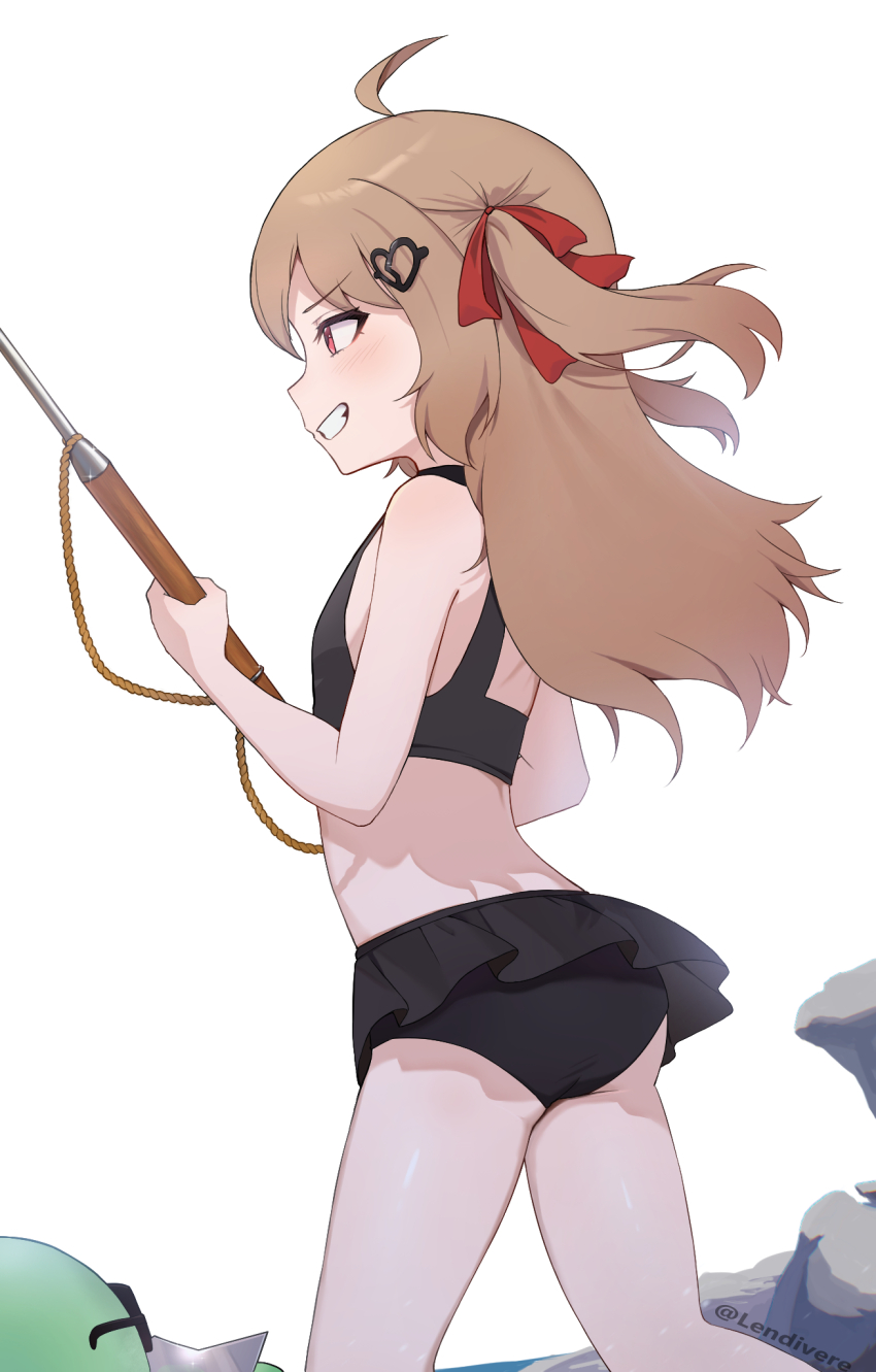 1girl ahoge bikini bikini_skirt black_bikini black_collar blush broken_heart broken_heart_hair_ornament brown_hair collar commentary cowboy_shot english_commentary evil_neuro-sama flat_chest foil from_behind grin hair_ornament hair_ribbon heart heart_hair_ornament highres holding_harpoon indie_virtual_youtuber lendivere long_hair neuro-sama profile red_eyes red_ribbon ribbon simple_background smile sunglasses swimsuit tanning two_side_up vedal987 virtual_youtuber white_background