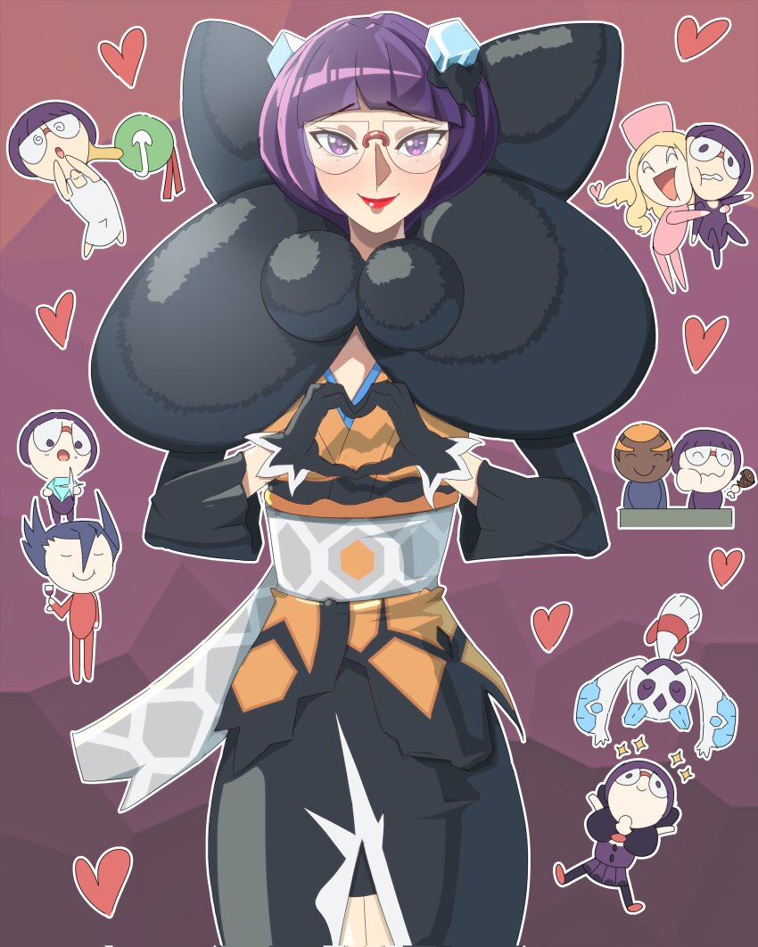@_@ absurdres black_gloves boned_meat caitlin_(pokemon) creatures_(company) exceedxatu food froslass game_freak gen_2_pokemon gen_4_pokemon glasses gloves grimsley_(pokemon) heart heart_hands highres hug lipstick looking_at_viewer makeup marshal_(pokemon) meat nintendo official_alternate_color official_alternate_costume outline pokemon pokemon_(creature) pokemon_bw pokemon_masters_ex purple_eyes purple_hair shauntal_(fall_2024)_(pokemon) shauntal_(pokemon) solo_focus sparkle white_outline xatu