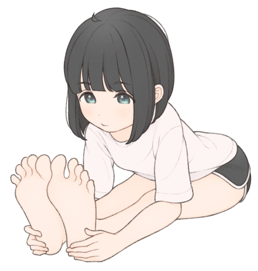 1girl 1ssakawaguchi absurdres barefoot black_eyes black_hair black_shorts blush bob_cut closed_mouth dolphin_shorts feet foot_focus full_body highres ichika_(1ssakawaguchi) looking_down original shirt short_hair short_shorts short_sleeves shorts simple_background sitting soles solo stretching toes white_background white_shirt