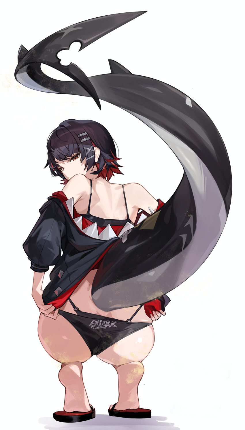1girl absurdres adjusting_clothes adjusting_swimsuit alternate_costume ass bikini black_bikini black_hair black_jacket brown_eyes colored_inner_hair commentary_request ellen_joe fins fish_tail flip-flops from_behind full_body goomrrat hair_ornament hairclip highres hood hood_down hooded_jacket jacket long_sleeves looking_at_viewer multicolored_hair off_shoulder red_hair sandals shark_girl shark_tail short_hair simple_background solo squatting swimsuit tail thighs two-tone_hair v-shaped_eyebrows white_background x_hair_ornament zenless_zone_zero