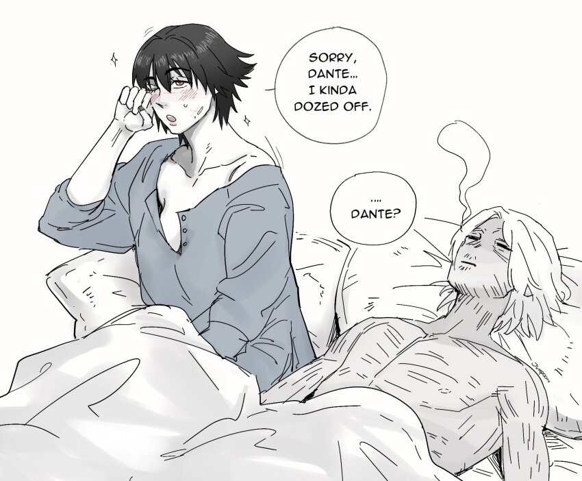 1boy 1girl black_hair blanket blue_shirt blush breasts commentary dante_(devil_may_cry) devil_may_cry_(series) devil_may_cry_5 english_commentary english_text giving_up_the_ghost greyscale guy_tired_after_sex_(meme) hetero highres implied_after_sex jumpoon lady_(devil_may_cry) medium_breasts meme monochrome one_eye_closed oversized_clothes oversized_shirt pillow red_eyes rubbing_eyes shirt sparkle spot_color waking_up