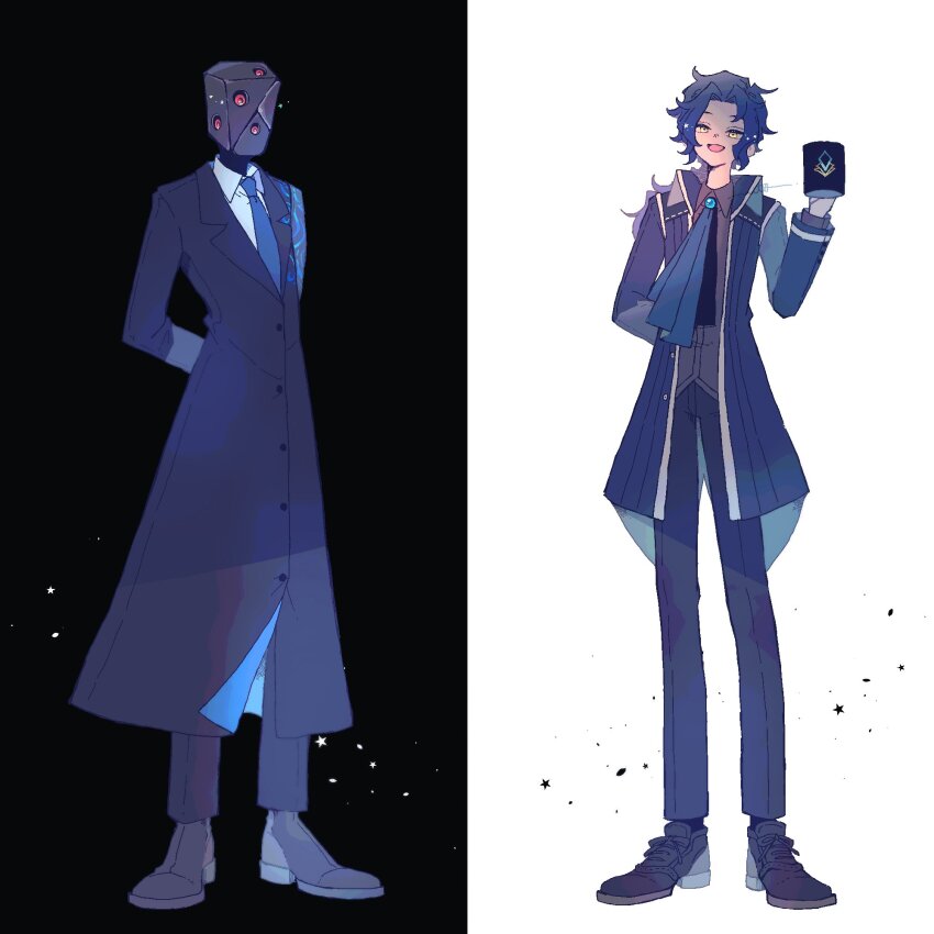 2boys ascot black_background black_footwear black_pants blue_ascot blue_hair chesed_(project_moon) commentary cup full_body hand_up highres holding holding_cup jae-heon library_of_ruina long_hair low_ponytail mechanical_head mug multiple_boys nito open_mouth pants ponytail project_moon shoes simple_background smile split_screen white_background yellow_eyes