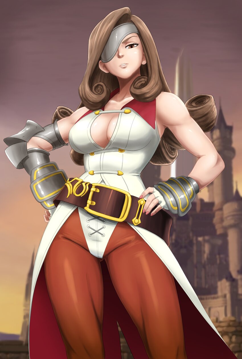1girl absurdres beatrix_(ff9) belt breasts brown_eyes brown_hair brown_pantyhose castle cleavage codybaier dawn dress eyepatch final_fantasy final_fantasy_ix gauntlets hand_on_own_hip highres large_belt large_breasts long_hair looking_at_viewer pantyhose red_nails single_gauntlet solo sunset upper_body white_dress
