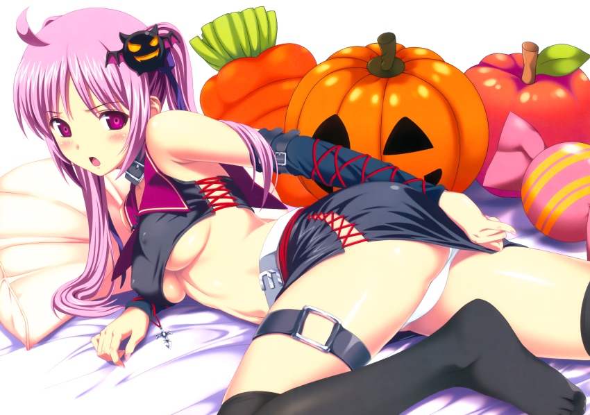 1girl absurdres bed blush breasts collar elbow_gloves covered_erect_nipples female_focus gloves halloween highres koutaro long_hair looking_at_viewer looking_back lying navel on_side on_stomach open_mouth panties pink_hair purple_eyes skirt solo thighhighs twintails underboob underwear upskirt white_background