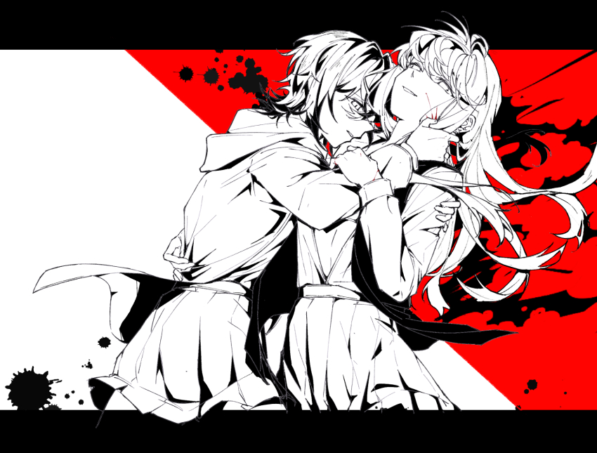 2girls asahina_yuni black_background grin haoxiangkan_nutong highres hood hood_down hooded_jacket jacket kyou_wa_kanojo_ga_inai_kara long_hair long_sleeves looking_at_viewer miniskirt multiple_girls pleated_skirt red_background short_hair skirt smile taki_fuuko teeth white_background yuri