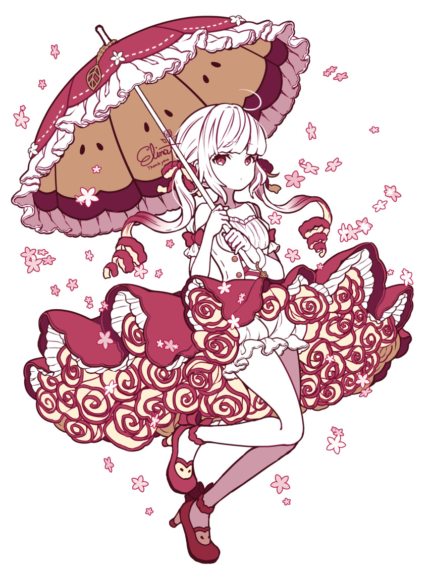 1girl absurdres ahoge apple apple_print artist_name bloomers drill_hair elina_(e2n04n) flower food food_print frilled_skirt frills fruit fruit_print full_body gradient_hair high_heels highres holding holding_umbrella limited_palette looking_at_viewer multicolored_hair original parasol parted_lips red_eyes red_footwear red_hair red_skirt sidelocks signature simple_background skirt solo thank_you twintails umbrella umbrella_flower underwear white_background white_bloomers white_hair