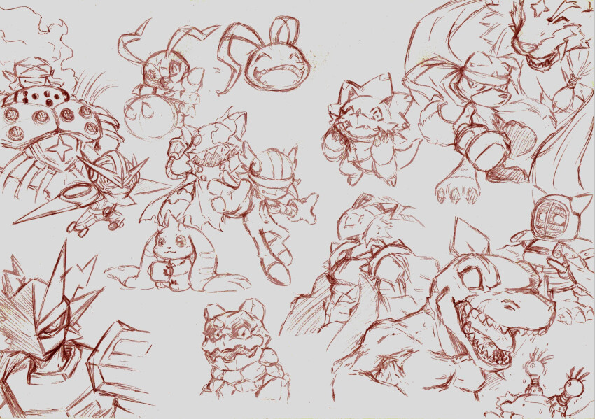 banchostingmon digimon digimon_(creature) gammamon gaogamon gaomon goldnumemon gottsumon gravimon hackmon_(appmon) highres koromon kotemon luxmon magnamon monochrome navimon_(appmon) platinumnumemon sharp_teeth sketch teeth terriermon tyranomon wormmon