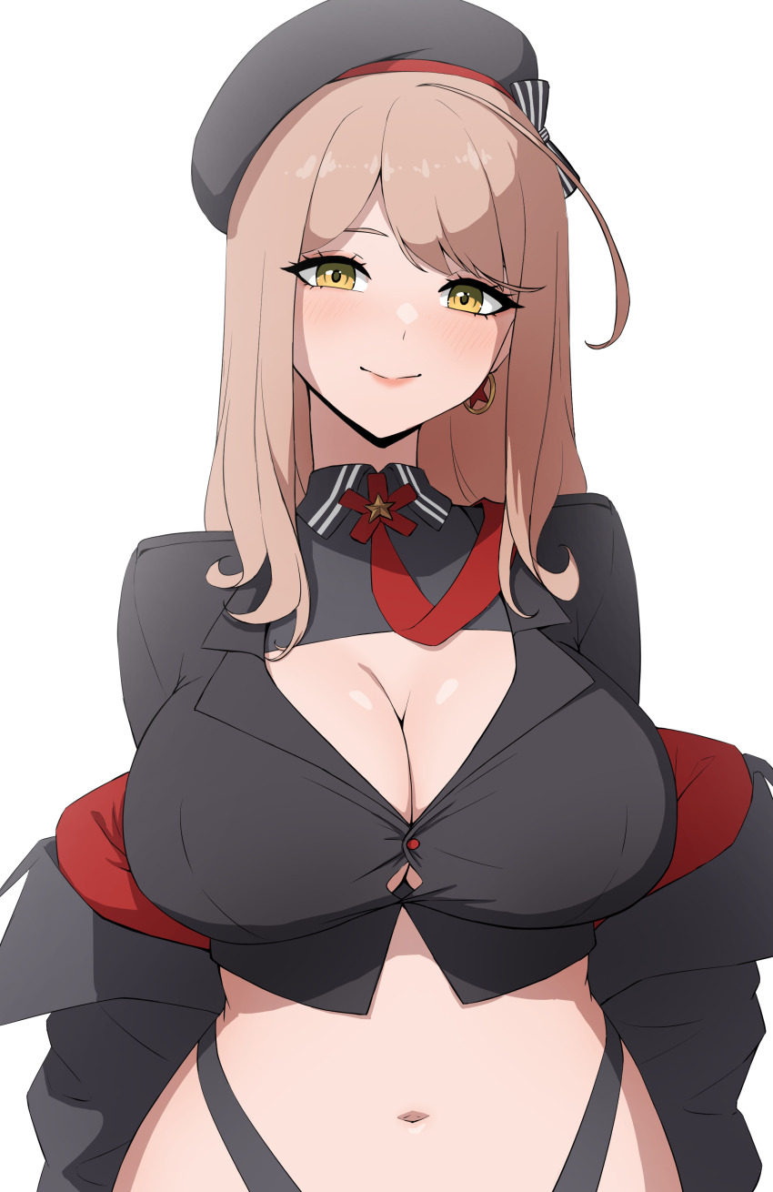 1girl absurdres black_jacket breasts brown_eyes brown_hair cleavage commentary crop_top cropped_jacket daydarion earrings emma_(nikke) emma_(tactical_upgrade)_(nikke) english_commentary goddess_of_victory:_nikke highres jacket jewelry large_breasts long_hair looking_at_viewer navel simple_background solo white_background