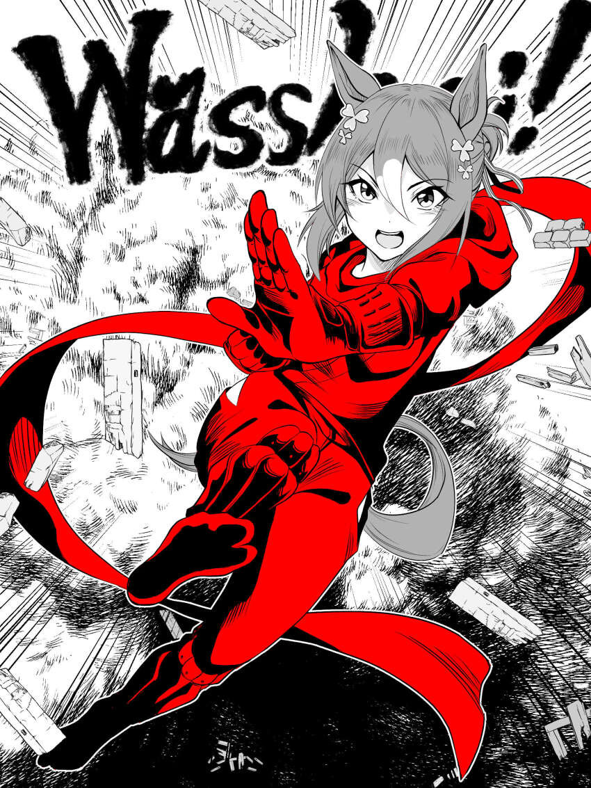 1girl absurdres animal_ears armor brick clover_hair_ornament commentary_request cosplay debris emphasis_lines explosion fine_motion_(umamusume) fujikido_kenji fujikido_kenji_(cosplay) full_body hair_between_eyes hair_ornament highres horse_ears horse_girl horse_tail japanese_armor kote looking_at_viewer medium_hair natuumi_(jmwy5354) ninja ninja_slayer outline partially_colored red_scarf romaji_text scarf solo tabi tail umamusume umayuru