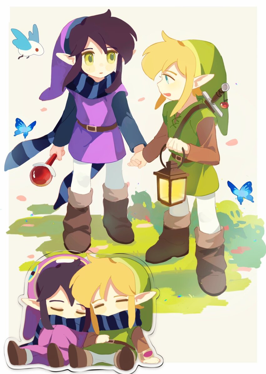 androgynous animal_hood belt bird black_hair blonde_hair blue_eyes blue_scarf blue_sleeves boots brown_belt brown_boots brown_sleeves bug butterfly character_request chibi chibi_inset closed_eyes grass green_eyes green_tunic highres holding holding_hands holding_lantern hood insect lantern link male_focus mmmaki_0 nintendo pale_skin pantyhose pointy_ears purple_tunic rabbit_hood ravio scarf sheerow short_hair_with_long_locks striped_clothes striped_scarf sword sword_on_back the_legend_of_zelda the_legend_of_zelda:_a_link_between_worlds tunic weapon weapon_on_back white_pantyhose