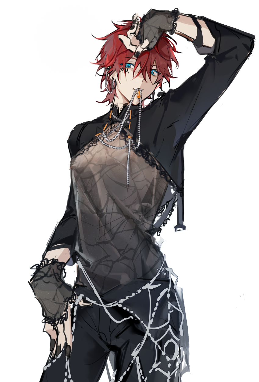 1boy absurdres amagi_rinne bead_necklace beads bear_earrings black_gloves black_nails black_pants black_shirt black_shrug black_sleeves blue_eyes chinese_commentary clenched_teeth commentary_request covered_erect_nipples cowboy_shot earrings ensemble_stars! eyelashes frilled_gloves frills gloves hair_between_eyes hand_on_own_head hand_on_own_hip highres jewelry lace lace-trimmed_shirt lace_trim long_sleeves male_focus migan mouth_hold nail_polish necklace pants red_hair see-through_clothes see-through_gloves see-through_shirt shirt short_hair shrug_(clothing) simple_background solo teeth white_background