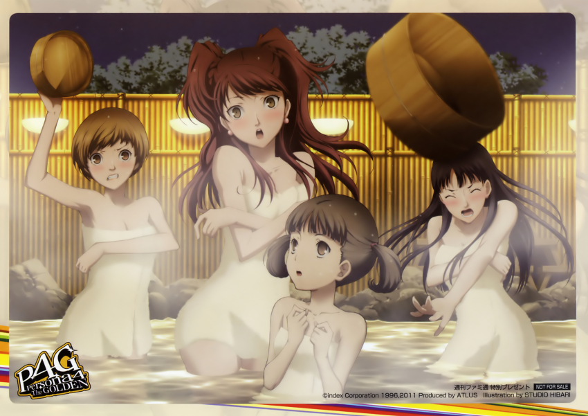 4girls age_difference amagi_yukiko angry arm_up armpits atlus bathing black_hair blush border braid breasts brown_eyes brown_hair bucket cleavage clenched_teeth closed_eyes copyright_name crossed_arms dated doujima_nanako earrings embarrassed fence grey_hair hands_on_own_chest highres jewelry kujikawa_rise lights long_hair megami_tensei multiple_girls naked_towel night night_sky official_art onsen open_mouth outdoors outstretched_arm parted_bangs partially_submerged persona persona_4 persona_4_the_golden phonecard red_hair rock satonaka_chie screaming scrunchie shin_megami_tensei short_hair short_twintails side_slit sky small_breasts standing star_(sky) surprised teeth throwing towel tree twintails two_side_up wading wooden_bucket