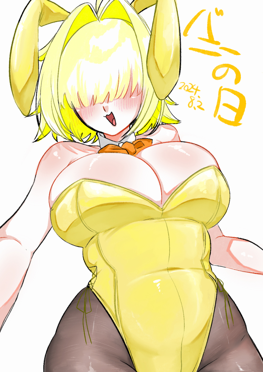 1girl :d animal_ears bare_shoulders bibie307 black_pantyhose blush bow bowtie breasts cleavage curvy detached_collar elegg_(nikke) facing_viewer goddess_of_victory:_nikke hair_over_eyes highleg highleg_leotard highres large_breasts leotard looking_at_viewer open_mouth pantyhose playboy_bunny rabbit_ears shiny_clothes simple_background smile solo white_background wide_hips