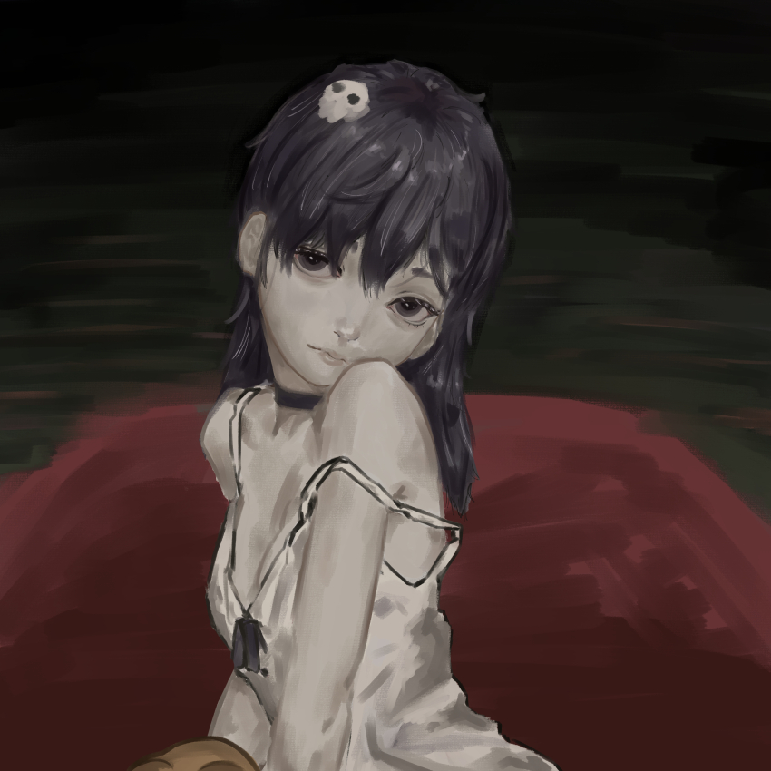 absurdres creepy_mita_(miside) dark hair_ornament highres horror_(theme) miside mita_(miside) nervous scared shaded_face skull_hair_ornament turn_pale wide-eyed