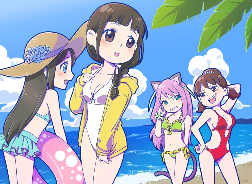 10s 4girls :d :o animal_ears aqua_bikini aqua_eyes arm_behind_back arm_behind_head arm_up bare_arms bare_shoulders beach beads bikini bikini_skirt bikini_under_clothes black_hair blue_eyes blue_flower blue_sky blunt_bangs blush bow braid breast_envy breasts brown_eyes brown_hair cat_ears cat_tail cleavage cloud cowboy_shot day eyelashes flower flower_fairy_(osomatsu-kun) freckles frilled_bikini frills fukai_(yas_lions) green_bikini green_hair hair_beads hair_ornament hair_over_shoulder hairband hand_on_own_hip hand_up hashimoto_nyaa hat hat_flower hat_ribbon hood hood_down hooded_jacket innertube jacket jacket_over_swimsuit jacket_tug jyushimatsu&#039;s_girlfriend large_breasts long_hair looking_at_another looking_back looking_to_the_side low_twintails multicolored_hair multiple_girls musaceae navel o-ring o-ring_swimsuit one-piece_swimsuit open_clothes open_jacket open_mouth osomatsu-kun osomatsu-san osomatsu_(series) outdoors pink_hair profile red_one-piece_swimsuit ribbon scrunchie shade short_twintails side-tie_bikini_bottom sky small_breasts smile smirk stomach straw_hat streaked_hair summer swim_ring swimsuit tail tree twintails wavy_mouth white_bikini white_bow wrist_scrunchie yellow_jacket yowai_totoko