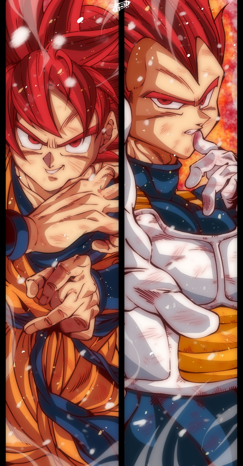 2boys absurdres artist_name blue_sash blue_shirt collarbone commentary_request dougi dragon_ball dragon_ball_super dragon_ball_super_broly gloves highres kinakomochi_(user_vedc2333) male_focus multiple_boys nose orange_pants pants red_aura red_eyes red_hair saiyan saiyan_armor sash shirt signature smirk son_goku spiked_hair super_saiyan super_saiyan_god turtleneck turtleneck_shirt upper_body v-shaped_eyebrows vegeta white_gloves