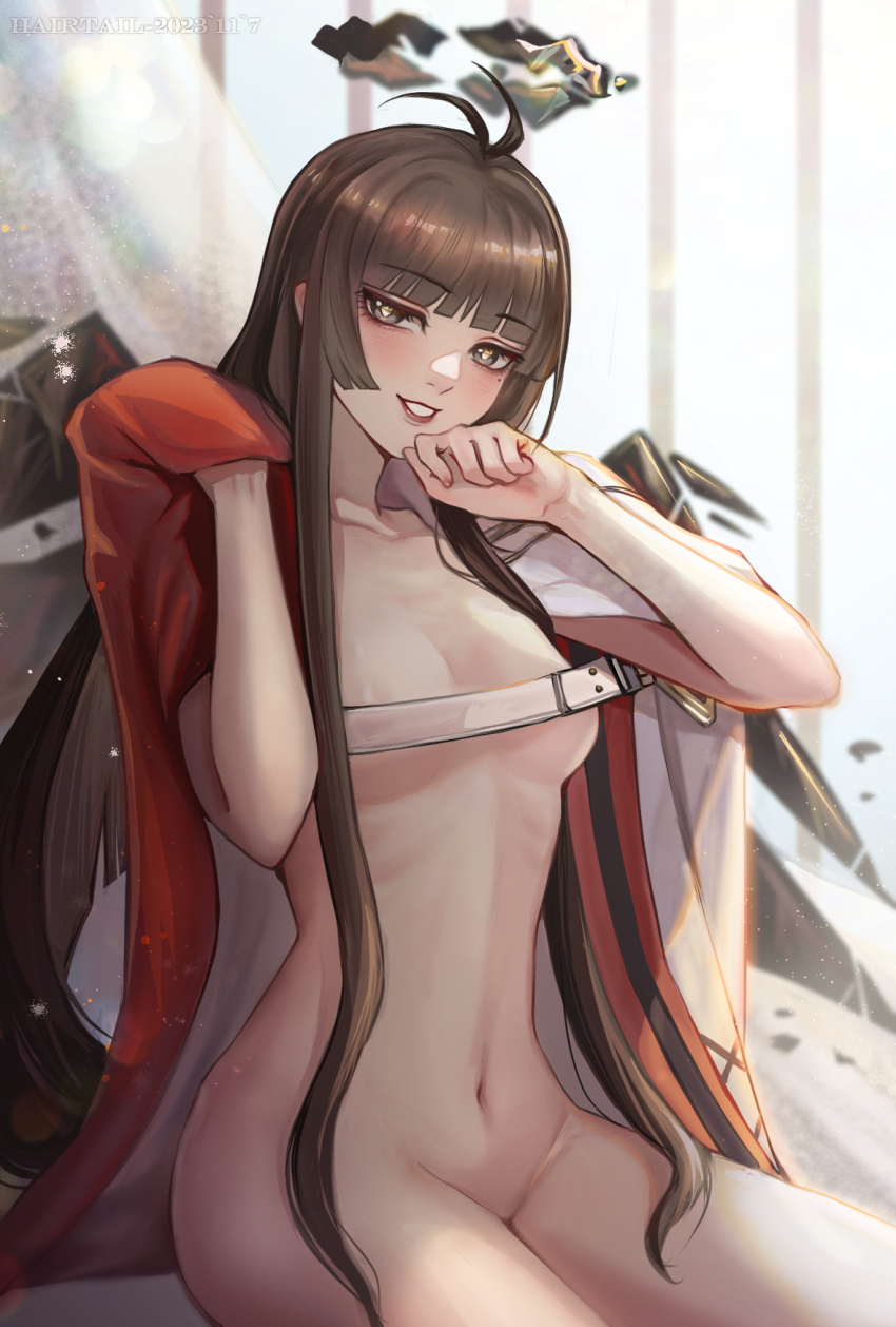 1girl antenna_hair arknights artist_name bed_sheet belt belt_buckle black_cloak black_eyes black_hair black_halo black_wings blunt_bangs blurry blurry_background blush bokeh breasts broken_halo buckle chinese_commentary cleavage cloak collarbone come_hither commentary_request convenient_censoring covered_erect_nipples cowboy_shot curtains dark_halo dated depth_of_field detached_wings energy_wings eyelashes from_side groin hairtail halo hand_on_own_chin hands_up head_tilt highres hime_cut holding holding_cloak holding_unworn_clothes indoors lens_flare light_particles light_rays lips lipstick long_hair looking_at_viewer makeup medium_breasts mole mole_under_eye multicolored_cloak navel nude open_mouth pale_skin red_cloak red_lips ribs seductive_smile shade sidelocks sitting skinny smile solo stomach sunlight teeth thighs underboob unworn_cloak unworn_clothes virtuosa_(arknights) white_belt white_cloak white_curtains wide_hips window wings