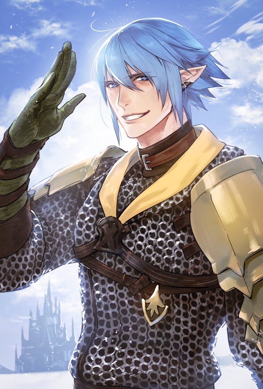 1boy arm_up armor belt belt_buckle belt_collar brown_belt buckle castle chainmail cloud cloudy_sky collar commentary_request elezen elf final_fantasy final_fantasy_xiv gloves grey_eyes grey_hair grin hair_between_eyes haurchefant_greystone highres kin_mokusei looking_at_viewer male_focus pauldrons pointy_ears short_hair shoulder_armor sky smile solo teeth upper_body