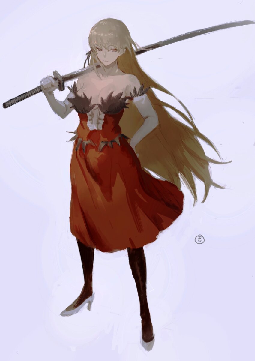 1girl artist_logo bare_shoulders black_pantyhose blonde_hair breasts cleavage collarbone dress elbow_gloves feather-trimmed_dress feather-trimmed_gloves feather_trim female_focus frilled_dress frills full_body gloves hair_ribbon high_heels highres holding holding_sword holding_weapon katana kiss-shot_acerola-orion_heart-under-blade kizumonogatari kokorowatari large_breasts logo long_hair matching_hair/eyes monogatari_(series) oshino_shinobu pantyhose pointy_ears red_dress ribbon shoes simple_background solo standing strapless strapless_dress sword taki_(a313131333) vampire very_long_hair weapon white_background white_gloves white_shoes yellow_eyes
