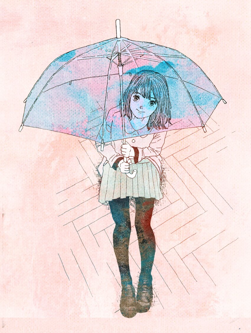 1girl absurdres black_footwear black_socks commentary_request happy hatching_(texture) highres holding holding_umbrella linear_hatching looking_at_viewer on_floor original pink_background sitting skirt smile socks sweater thighhighs transparent transparent_umbrella umbrella watercolor_effect yonezu_kenshi
