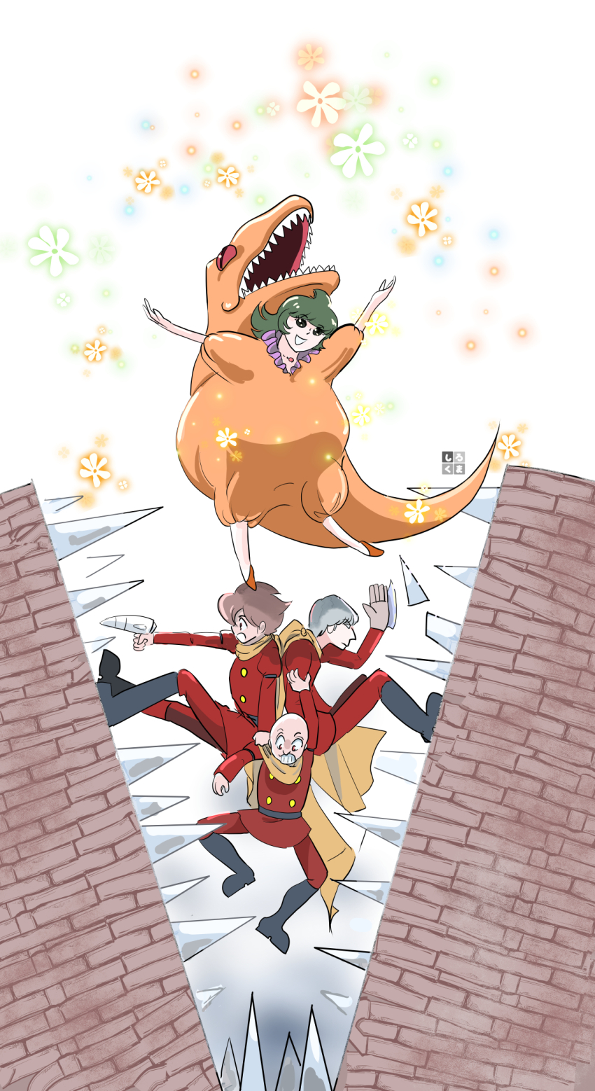 0010nya 1girl albert_heinrich black_boots boots brown_hair coat cyborg cyborg_009 dinosaur_costume great_britain_(cyborg_009) green_hair grey_hair hair_over_one_eye highres long_hair madame_(cyborg_009) mechanical_hands multiple_boys purple_eyes red_coat scarf shimamura_joe yellow_scarf