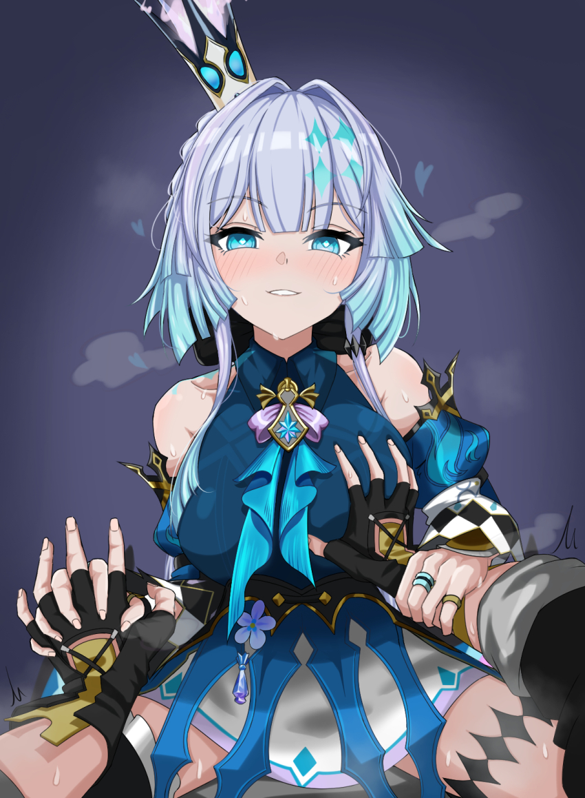 1boy 1girl alternate_breast_size_(larger) bare_shoulders black_gloves blue_eyes blue_hair blush breasts caelus_(honkai:_star_rail) cerydra_(honkai:_star_rail) crown detached_sleeves diamond-shaped_pupils diamond_(shape) fingerless_gloves girl_on_top gloves grabbing_another&#039;s_breast grey_hair groping guided_breast_grab guiding_hand hetero highres holding_hands honkai:_star_rail honkai_(series) implied_sex interlocked_fingers jewelry korean_text large_breasts looking_at_viewer multicolored_hair pov pov_hands ring smile solo_focus straddling sweat symbol-shaped_pupils textless_version trailblazer_(honkai:_star_rail) user_zysm5735