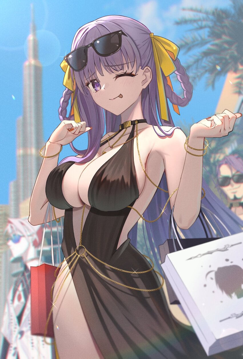 1girl 2boys bag bare_shoulders bb_dubai_(fate) black_dress braid braided_hair_rings breasts burj_khalifa center_opening chain cleavage dress duryodhana_(fate) fate/grand_order fate_(series) gold_chain hair_ribbon hair_rings highres jewelry karna_(fate) karna_(summer_outfit)_(fate) large_breasts long_hair looking_at_viewer mishiro_(ixtlolton) multiple_boys nail_polish necklace one_eye_closed purple_eyes purple_hair ribbon shopping_bag smile solo_focus tongue tongue_out variant_set very_long_hair yellow_ribbon
