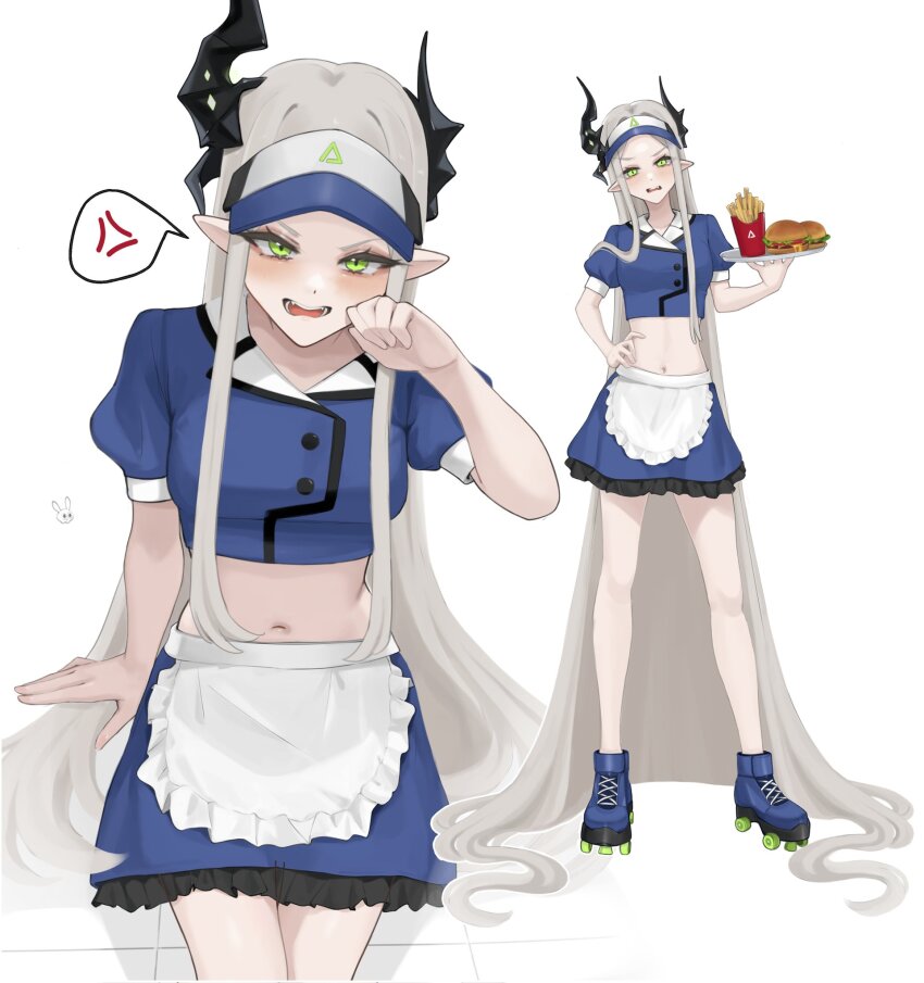 1girl absurdly_long_hair alternate_costume anger_vein apron asymmetrical_horns burger charlote_fee food french_fries goddess_of_victory:_nikke green_eyes grey_hair highres holding holding_plate horns leviathan_(nikke) long_hair midriff navel plate pointy_ears roller_skates sidelocks skates solo spoken_anger_vein very_long_hair visor_cap waist_apron waitress white_background