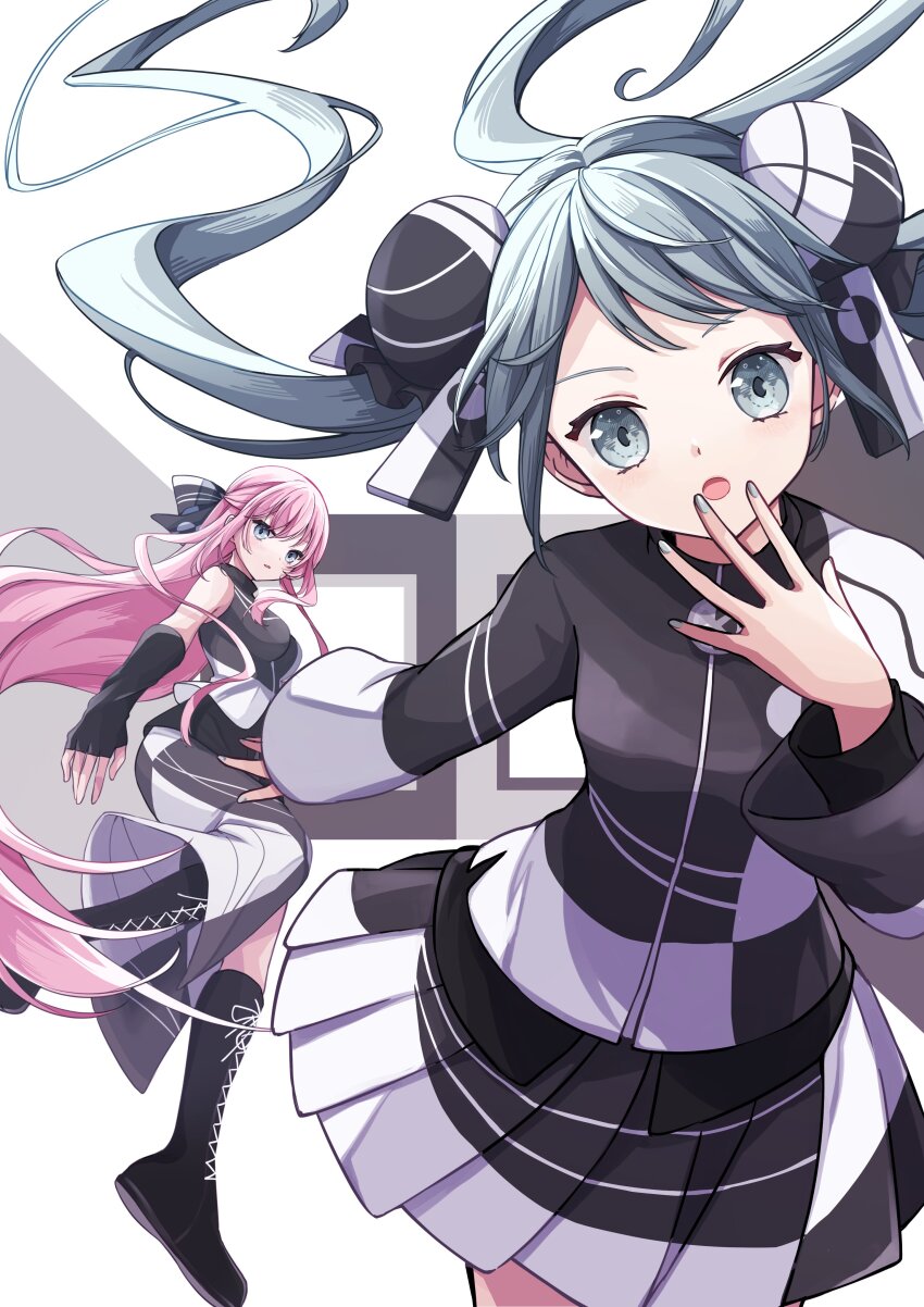 2girls absurdres black_footwear blue_eyes blue_hair blue_nails boots bow bun_cover cross-laced_footwear hair_bow hatsune_miku highres long_hair megurine_luka multicolored_shirt multicolored_skirt multiple_girls nagitofuu open_mouth pink_hair skirt twintails very_long_hair vocaloid world&#039;s_end_dancehall_(vocaloid)
