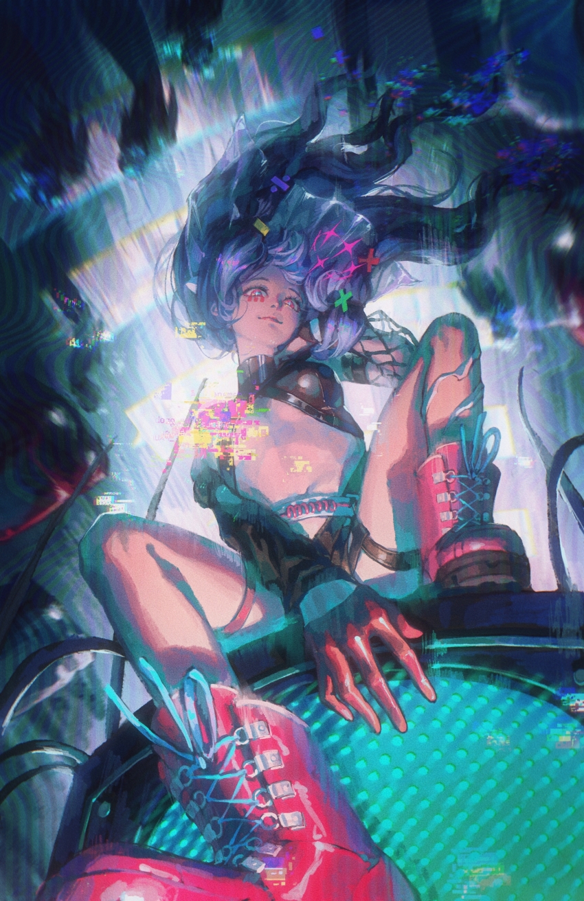000_(path_to_nowhere) 1girl absurdres asymmetrical_sleeves blue_hair boots breasts cable ccccl. chinese_commentary commentary crop_top cross-shaped_pupils cyberspace fishnet_sleeves fishnets floating_hair from_below full_body glitch gloves hand_in_own_hair highres latex_top long_hair looking_at_viewer looking_down medium_breasts mismatched_sleeves navel path_to_nowhere pink_eyes red_boots red_gloves shorts sitting smile solo stomach symbol-shaped_pupils thigh_strap turtleneck underboob