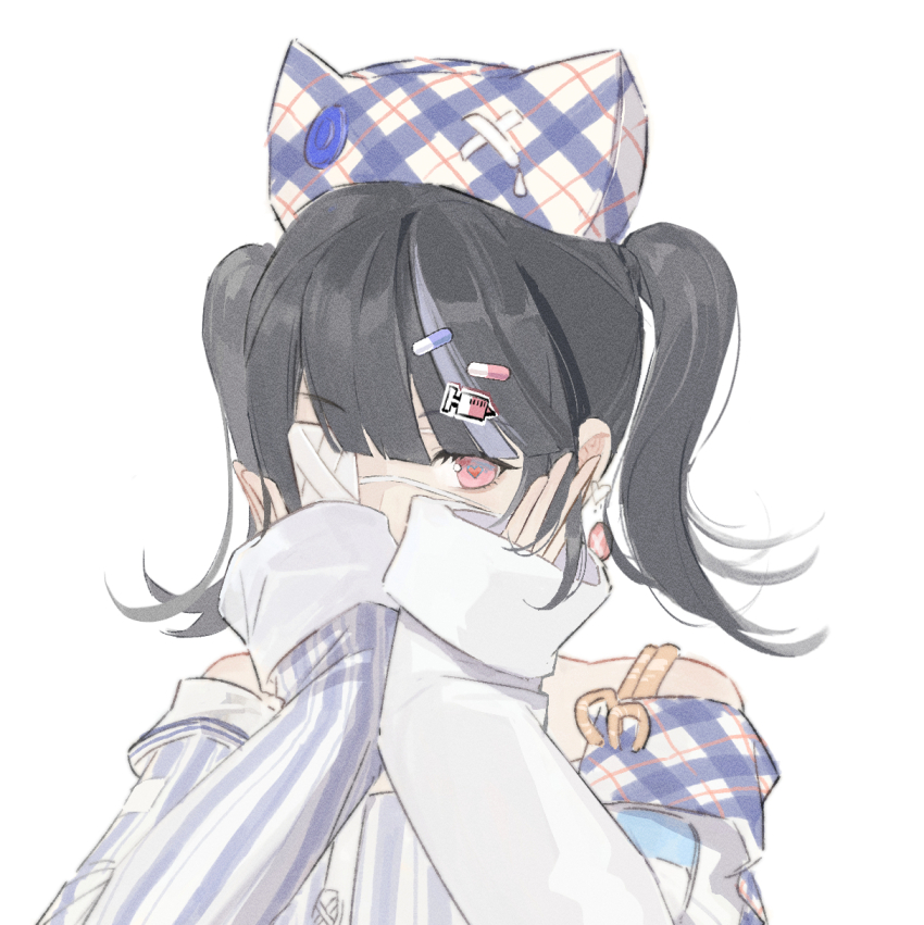 1girl animal_ear_headwear animal_ears asymmetrical_sleeves bare_shoulders black_hair blue_dress blue_hat blunt_bangs buttons cat_ears chinese_commentary collared_dress commentary_request covering_face dress earrings eyelashes eyepatch fake_animal_ears grey_hair hat highres infinity_nikki jewelry long_hair long_sleeves looking_at_viewer medical_eyepatch mismatched_sleeves multicolored_hair nikki_(series) off-shoulder_dress off_shoulder pill_hair_ornament pink_eyes plaid_hat quirky_idea_(infinity_nikki) short_twintails simple_background sleeves_past_wrists solo streaked_hair striped_clothes striped_dress syringe syringe_hair_ornament taikong_binggan twintails two-tone_dress upper_body vertical-striped_clothes vertical-striped_dress white_background white_dress white_sleeve_cuffs