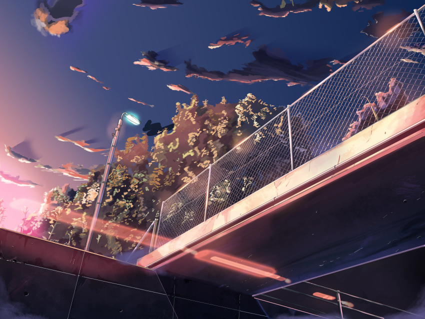 absurdres bridge cloud commentary_request evening fence highres lamppost light no_humans original plant qdsn scenery sky tree twilight