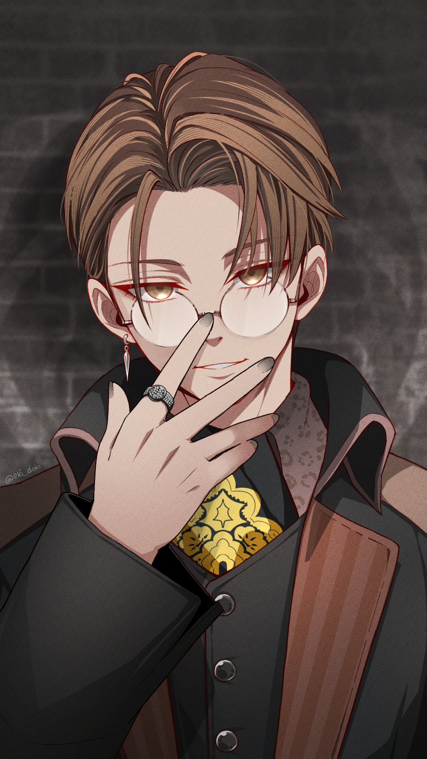 1boy absurdres adjusting_eyewear ascot black_ascot black_jacket black_vest brick_wall brown_eyes brown_hair brown_trim colored_eyelashes commentary earrings eki_doki film_grain gradient_nails grey-framed_eyewear grey_nails hatching_(texture) highres jacket jewelry kamen_rider kamen_rider_gavv_(series) looking_at_viewer male_focus multicolored_ascot nyelv_stomach parted_hair parted_lips ring round_eyewear short_hair silver_earrings single_earring smile solo tokusatsu twitter_username upper_body vest yellow_ascot