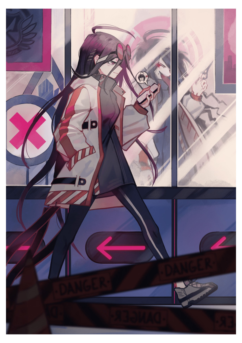 2girls ahoge arrow_(symbol) black-framed_eyewear black_dress border caution_tape cellphone closed_mouth danganronpa_(series) danganronpa_another_episode:_ultra_despair_girls different_reflection dress dual_persona eyelashes eyewear_on_head fingernails from_side fukawa_toko genocider_shou hair_ornament hairclip hand_in_pocket heart highres holding holding_phone holding_scissors holding_weapon jacket long_hair long_tongue messy_hair mole mole_under_mouth multiple_girls naegi_komaru non-web_source open_clothes open_jacket open_mouth phone purple_eyes purple_hair red_eyes reflection remonoart round_eyewear scissors sign smartphone smile spoken_character teeth tongue tongue_out traffic_cone upper_teeth_only weapon white_border white_jacket window x