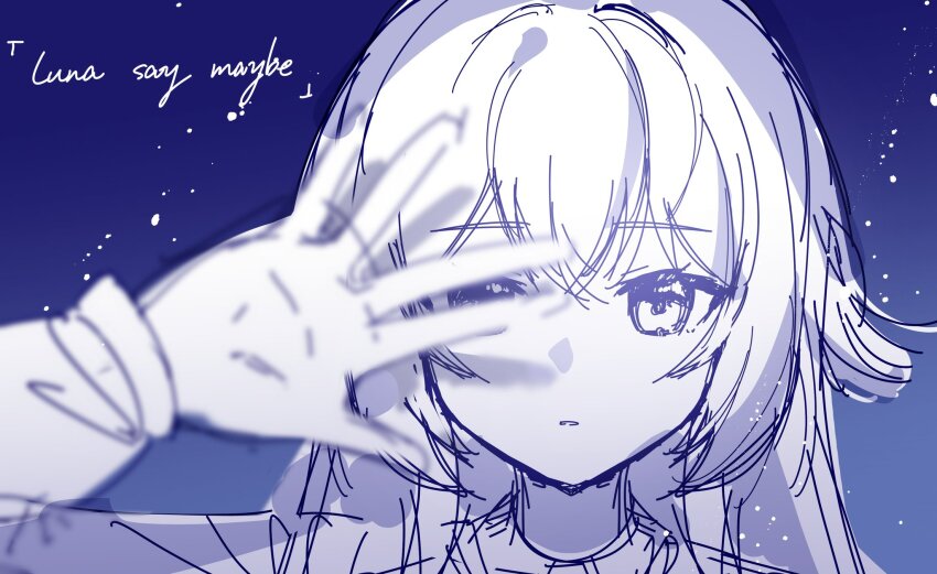 1girl blue_background blurry blurry_foreground double-parted_bangs gakuen_idolmaster gradient_background greyscale_with_colored_background hand_over_eye hashtag-only_commentary highres idolmaster light_particles long_hair long_sleeves looking_at_viewer parted_lips portrait sketch solo song_name starringooo tsukimura_temari