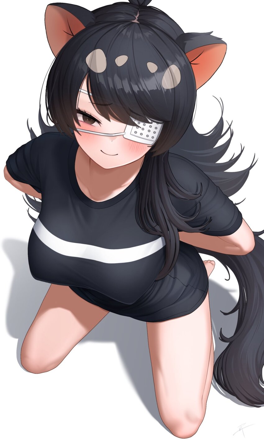 1girl animal_ears arms_behind_back australian_devil_(kemono_friends) barefoot black_hair blush breasts brown_eyes brown_hair closed_mouth covered_erect_nipples deku_suke empty_eyes eyepatch from_above full_body furrowed_brow gradient_hair grey_hair hair_over_shoulder half-closed_eye highres kemono_friends kneeling large_breasts long_hair looking_at_viewer medical_eyepatch multicolored_hair no_pants one_eye_covered parted_bangs seductive_smile shirt smile solo t-shirt tail tasmanian_devil_ears tasmanian_devil_tail