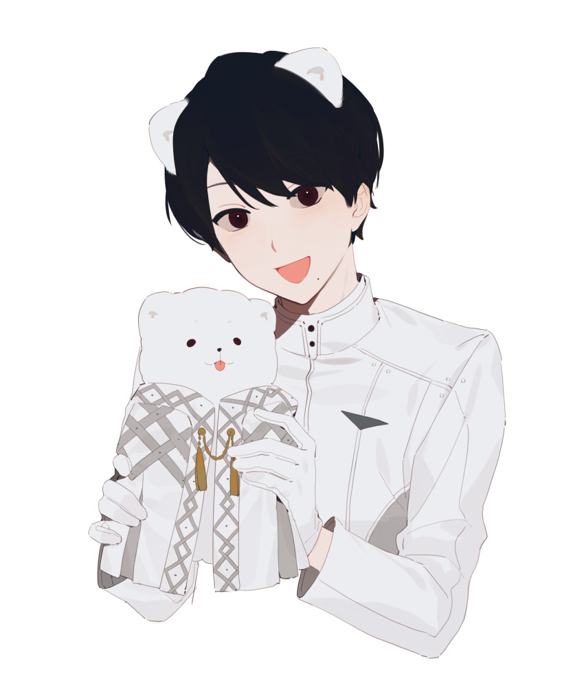 1boy animal_ears bear_ears black_hair chinese_commentary commentary_request cropped_torso gloves highres holding holding_stuffed_toy kadota_hiromi kamen_rider kamen_rider_revice long_sleeves male_focus mole mole_under_mouth red_eyes shirt short_hair simple_background solo stuffed_animal stuffed_toy teddy_bear v0veiling white_background white_gloves white_shirt